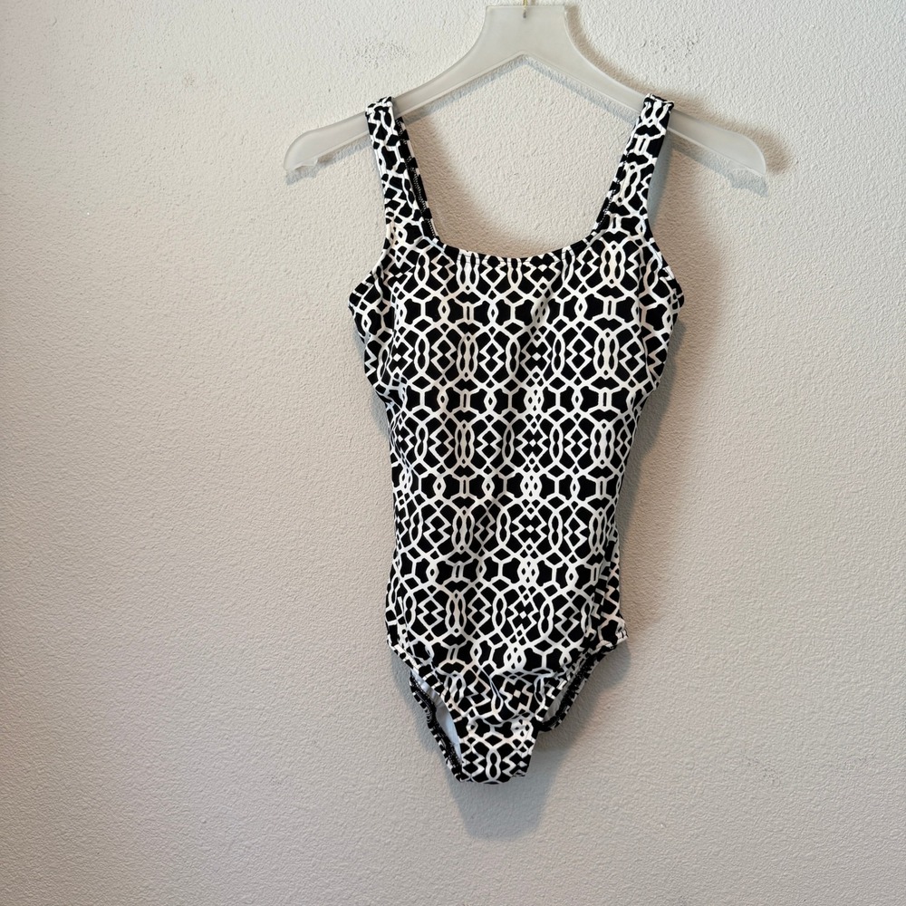 Lands End Womens Black White Geometric Lattice Scoopβ Neck One Piece Swimsuit 6